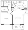 One bedroom apartment with 1 bathroom. Approximately 569 square feet. Canyon Ridge Apartments in Austin Texas